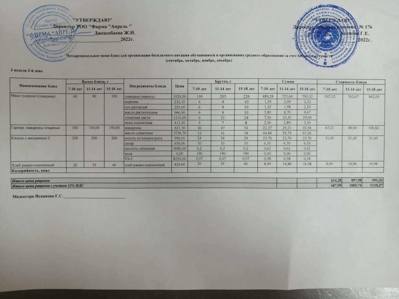 14.09.2022ж Асхана мәзірі