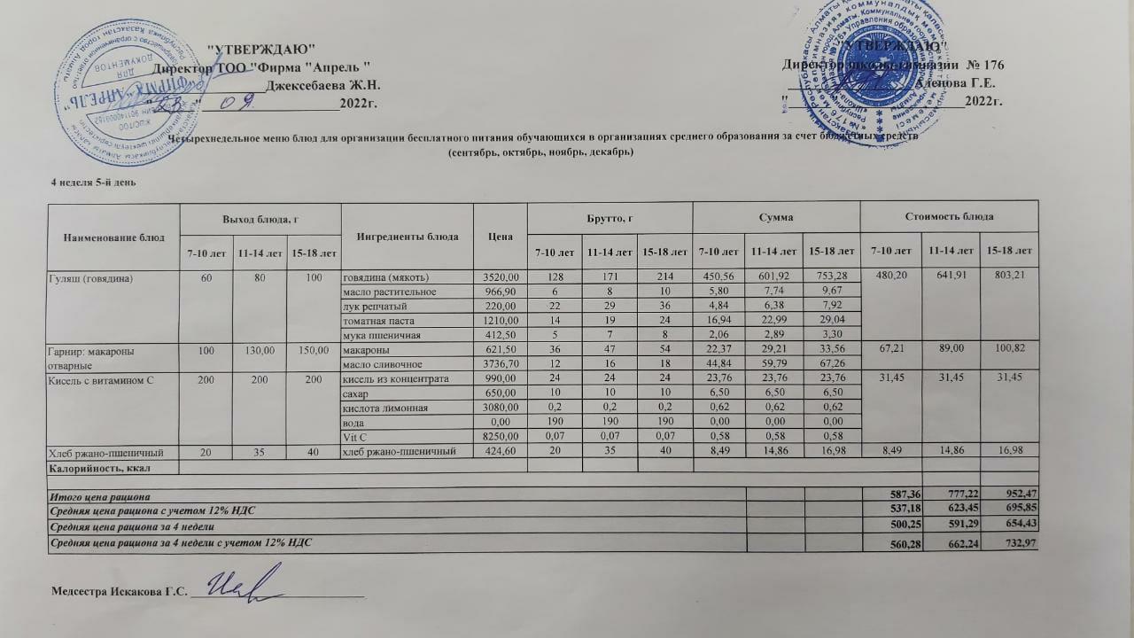 23.09.2022ж Асхана мәзірі