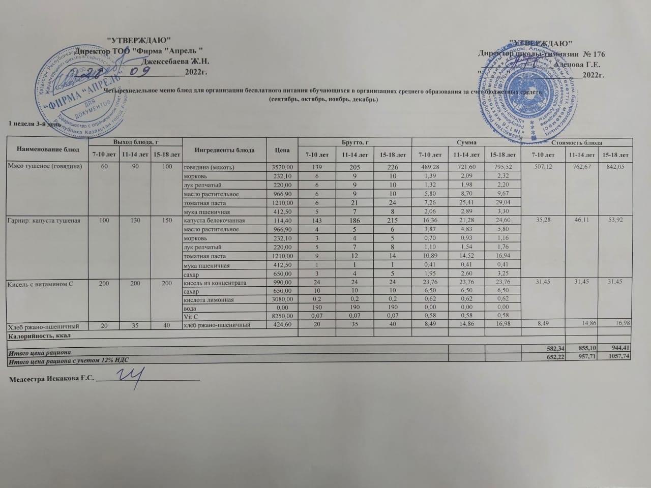 28.09.2022ж Асхана мәзірі