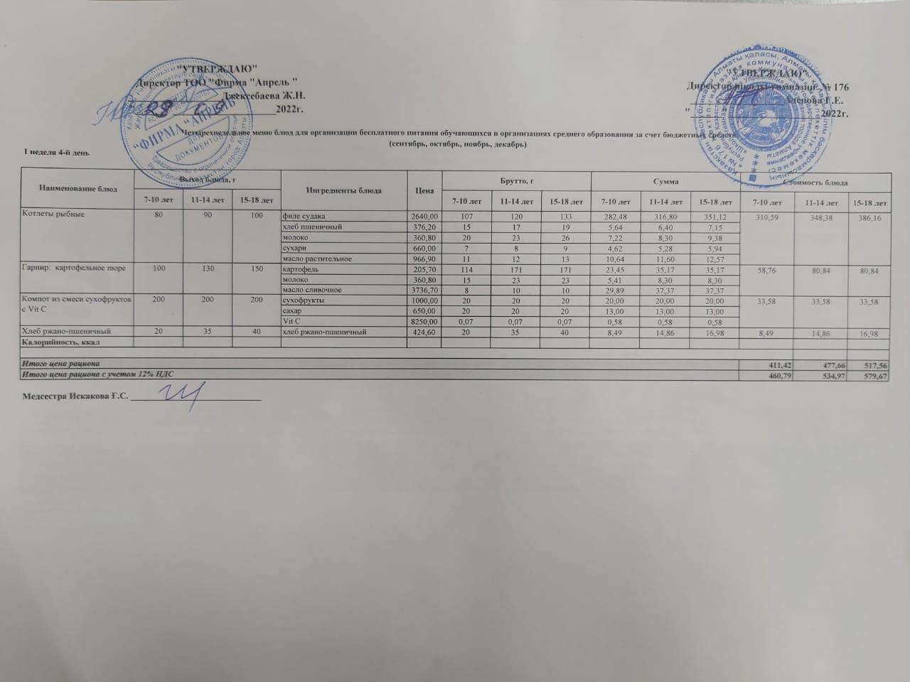 29.09.2022ж Асхана мәзірі