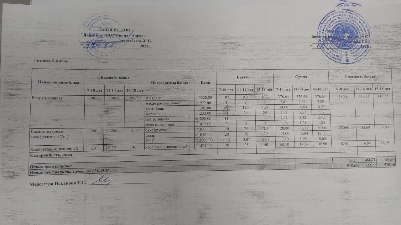 15.11.2022 ж Асхана мәзірі