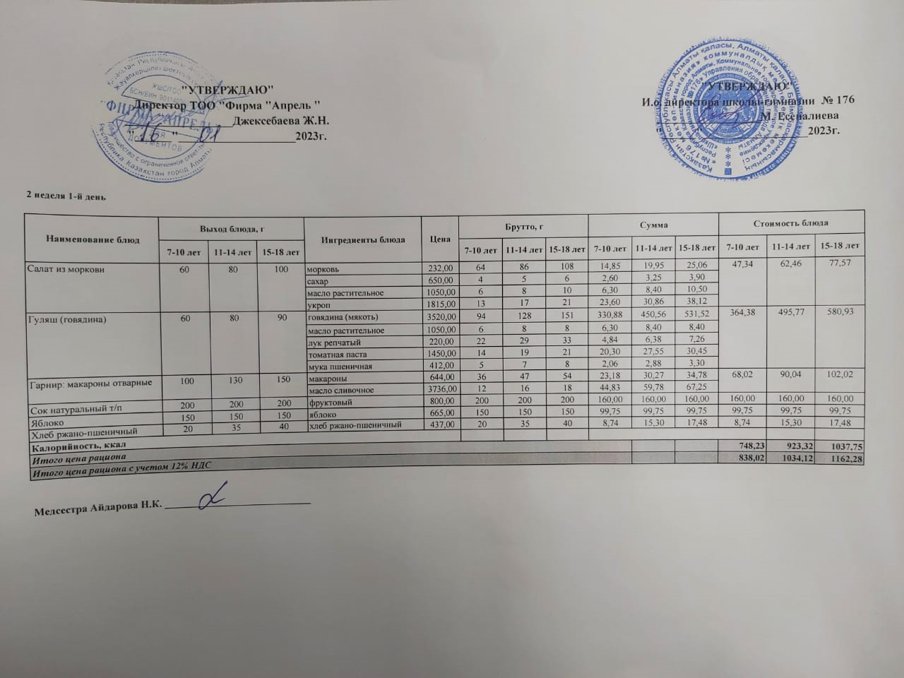Ыстық тамақ менюі - 16.01.2023
