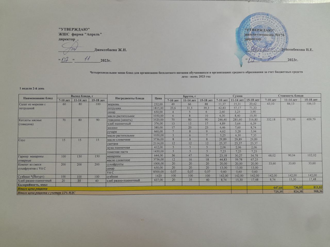 07.11.2023 ж Асхана мәзірі