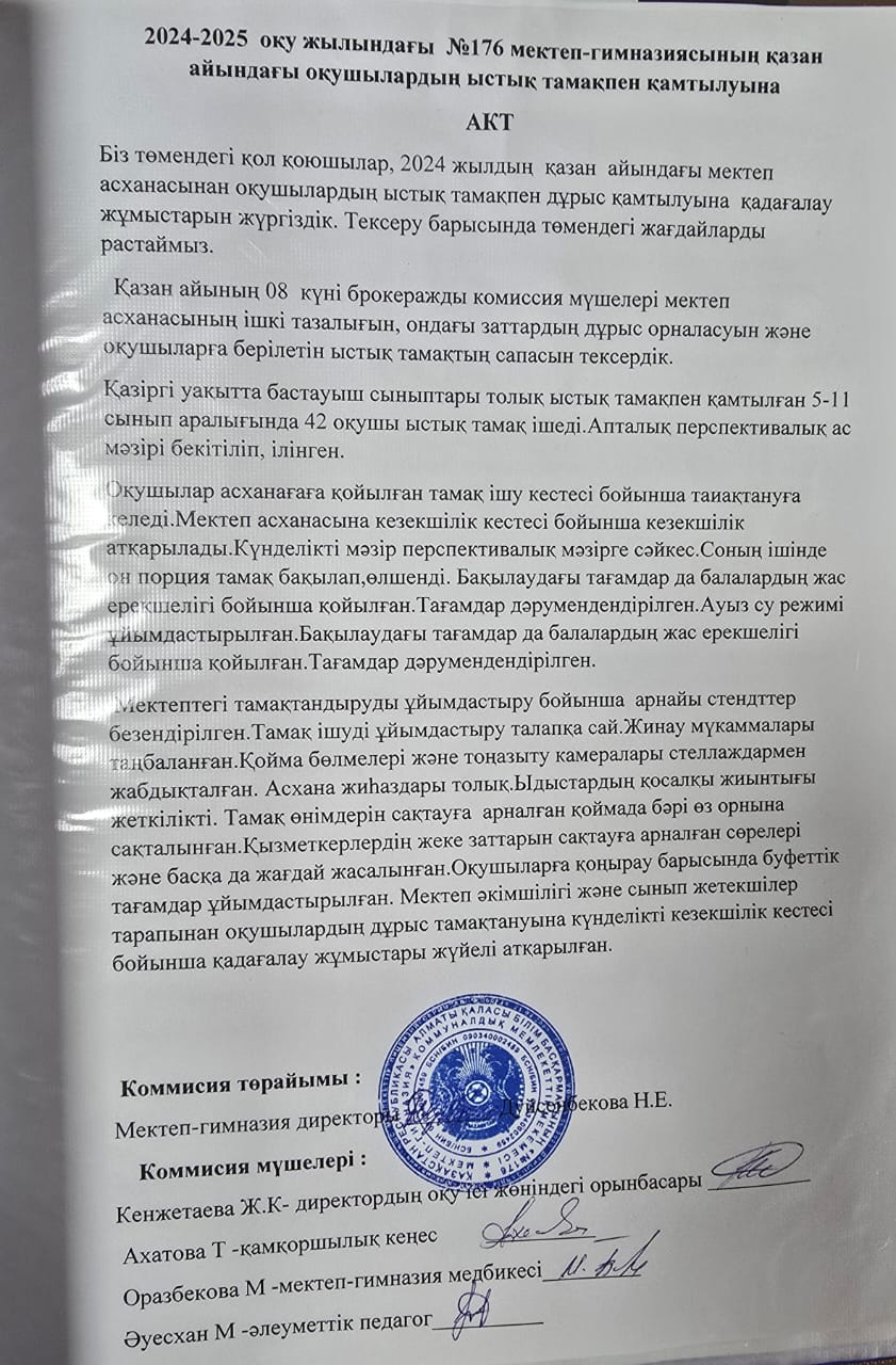 2024-2025 оқу жылындағы №176 мектеп-гимназиясының ҚАзан айындағы оқушылардың ыстық тамақ акті