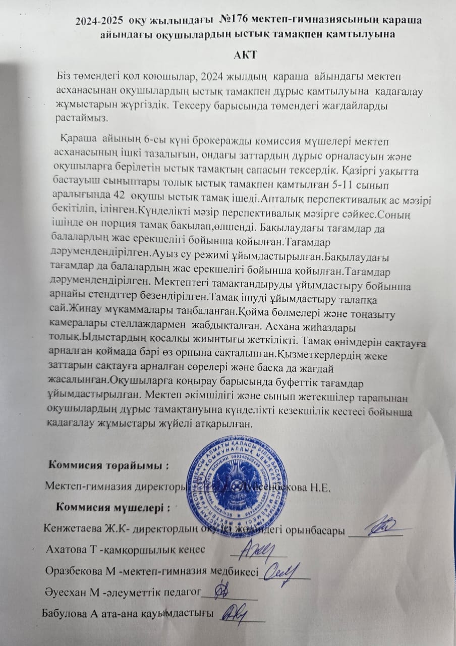 2024-2025 оқу жылындағы №176 мектеп-гимназиясының Қараша айындағы оқушылардың ыстық тамақ акті