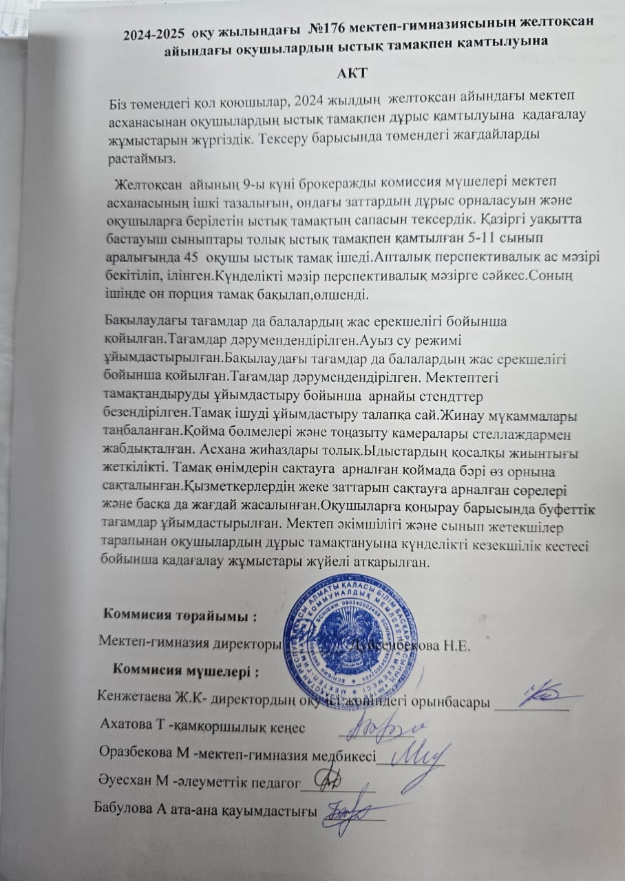 2024-2025 оқу жылындағы №176 мектеп-гимназиясының Желтоқсан айындағы оқушылардың ыстық тамақ акті