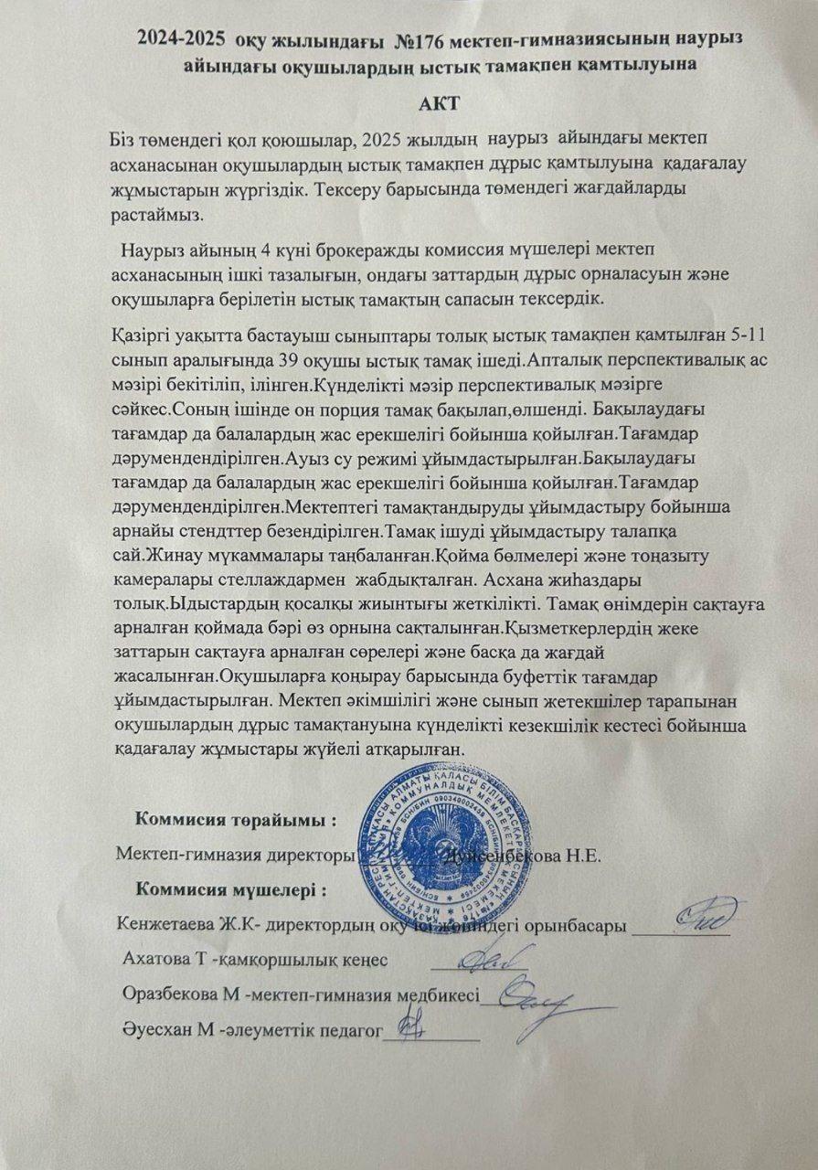 2024-2025 оқу жылындағы №176 мектеп-гимназиясының Наурыз айындағы оқушылардың ыстық тамақ акті