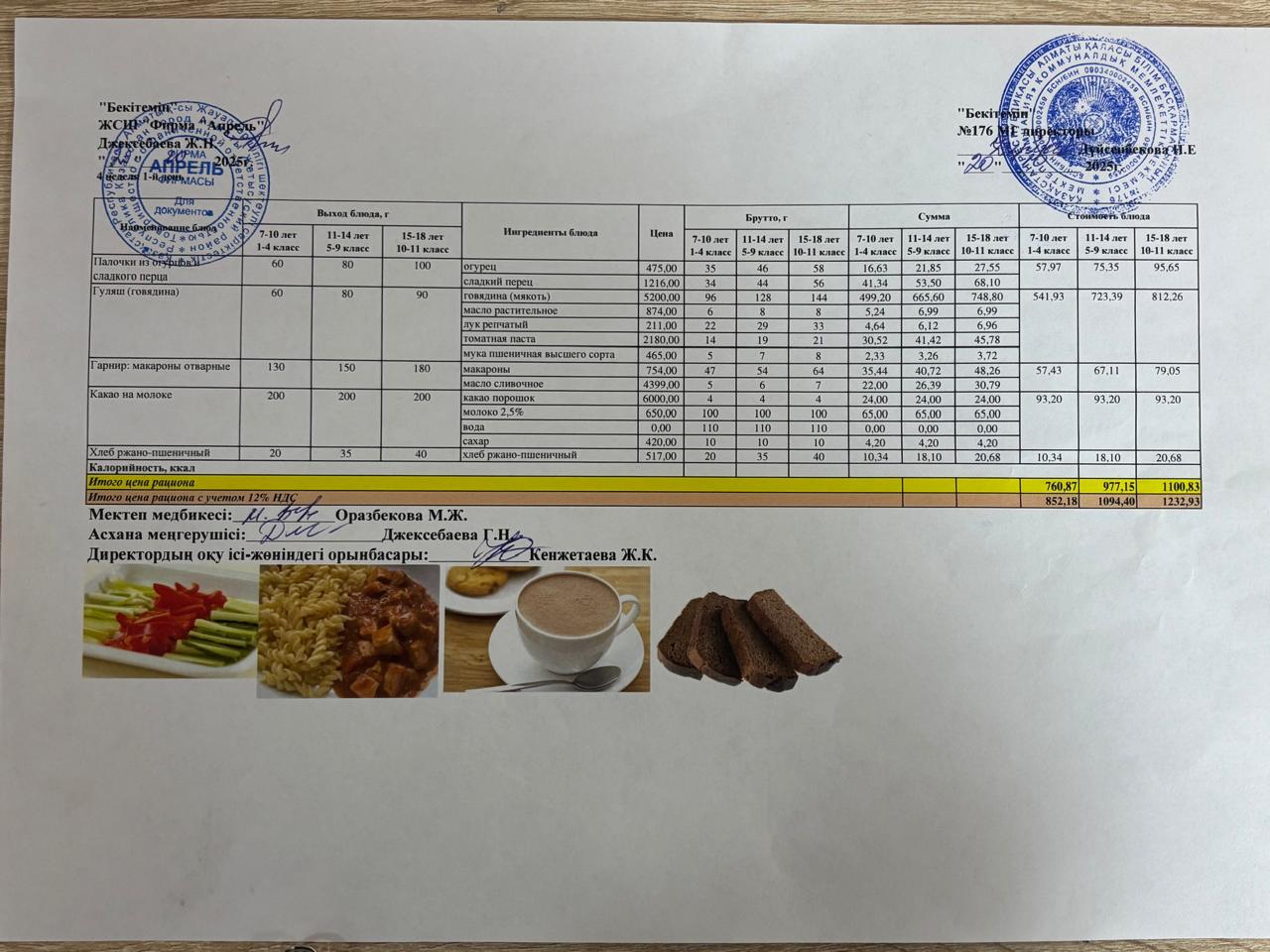 20.10.2025 жыл Асхана мәзірі