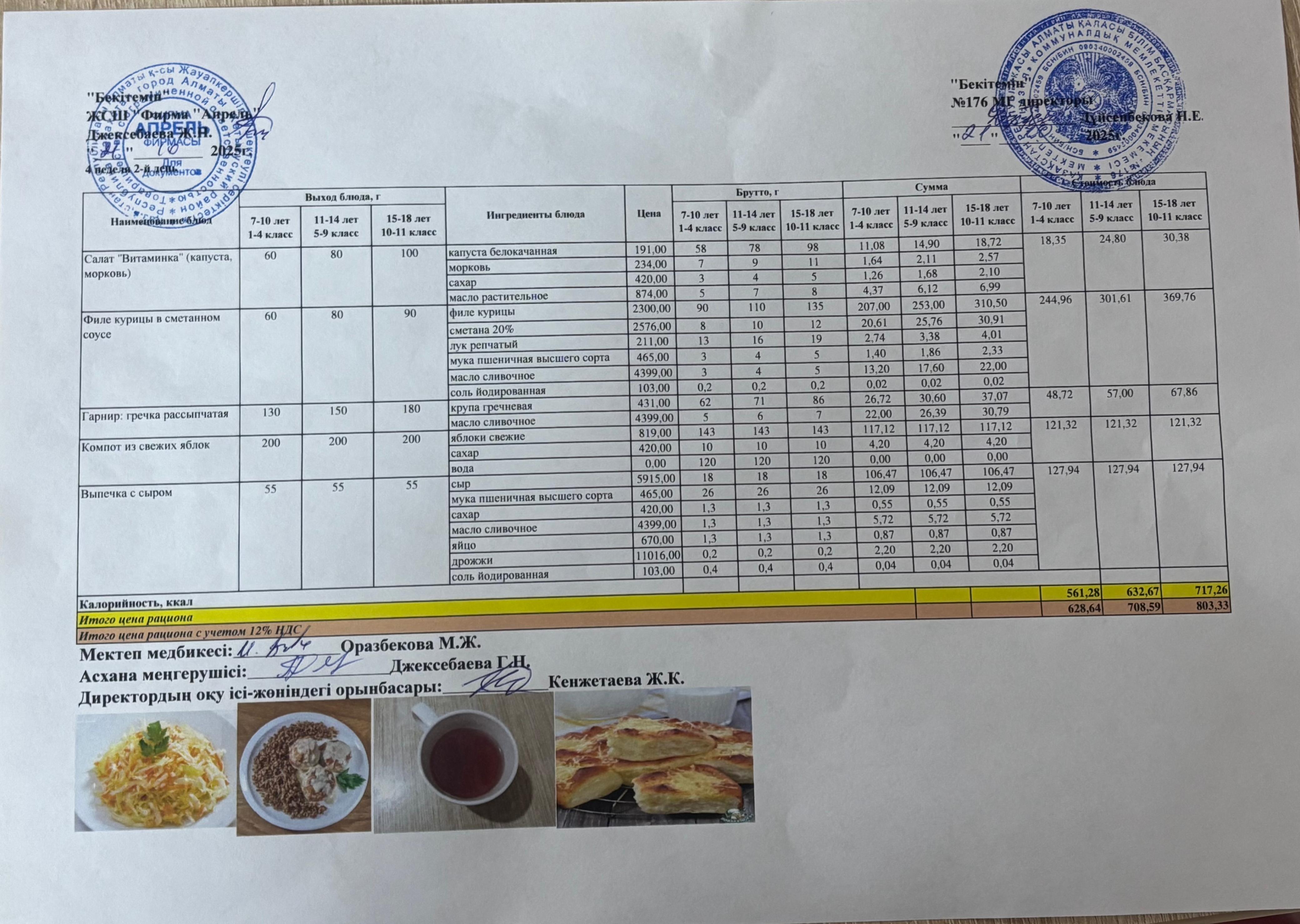 21.10.2025 жыл Асхана мәзірі