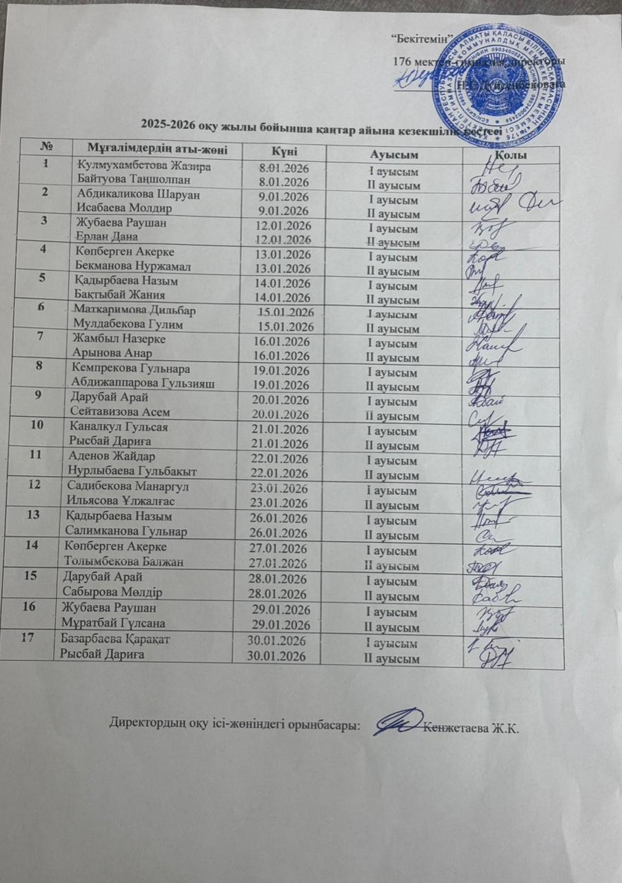 Асхана Кезекшілік кестесі Қаңтар 2026 жыл