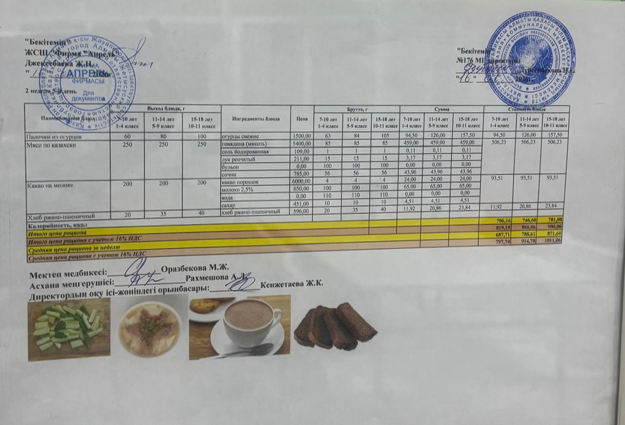 16.01.2026 жыл Асхана мәзірі
