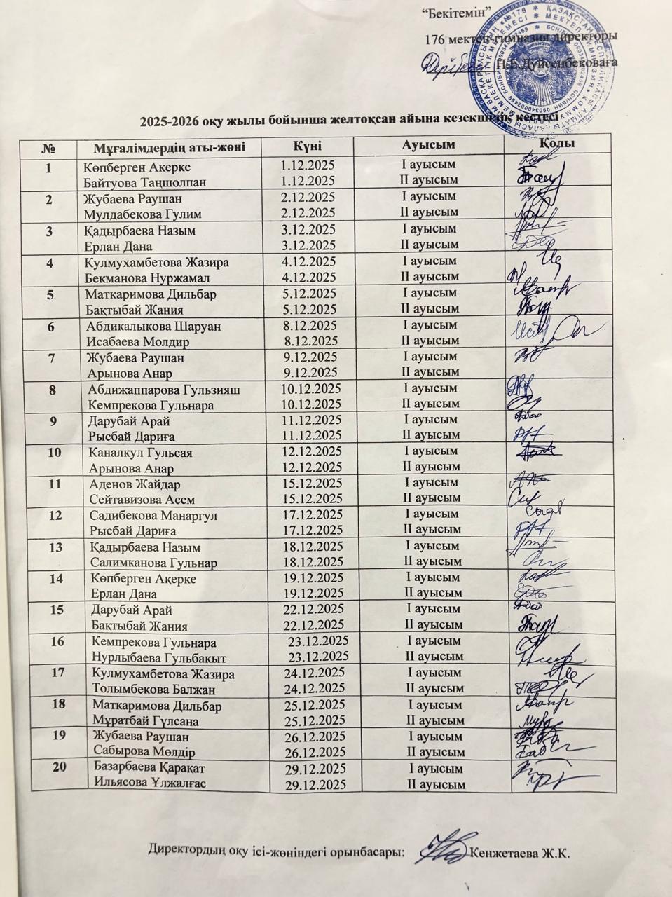 2025-2026 оқу жылы бойынша желтоқсан айының кезекшілік кестесі