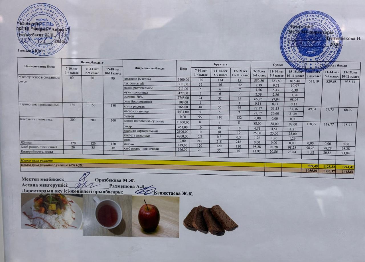 20.01.2026 ж Асхана мәзірі