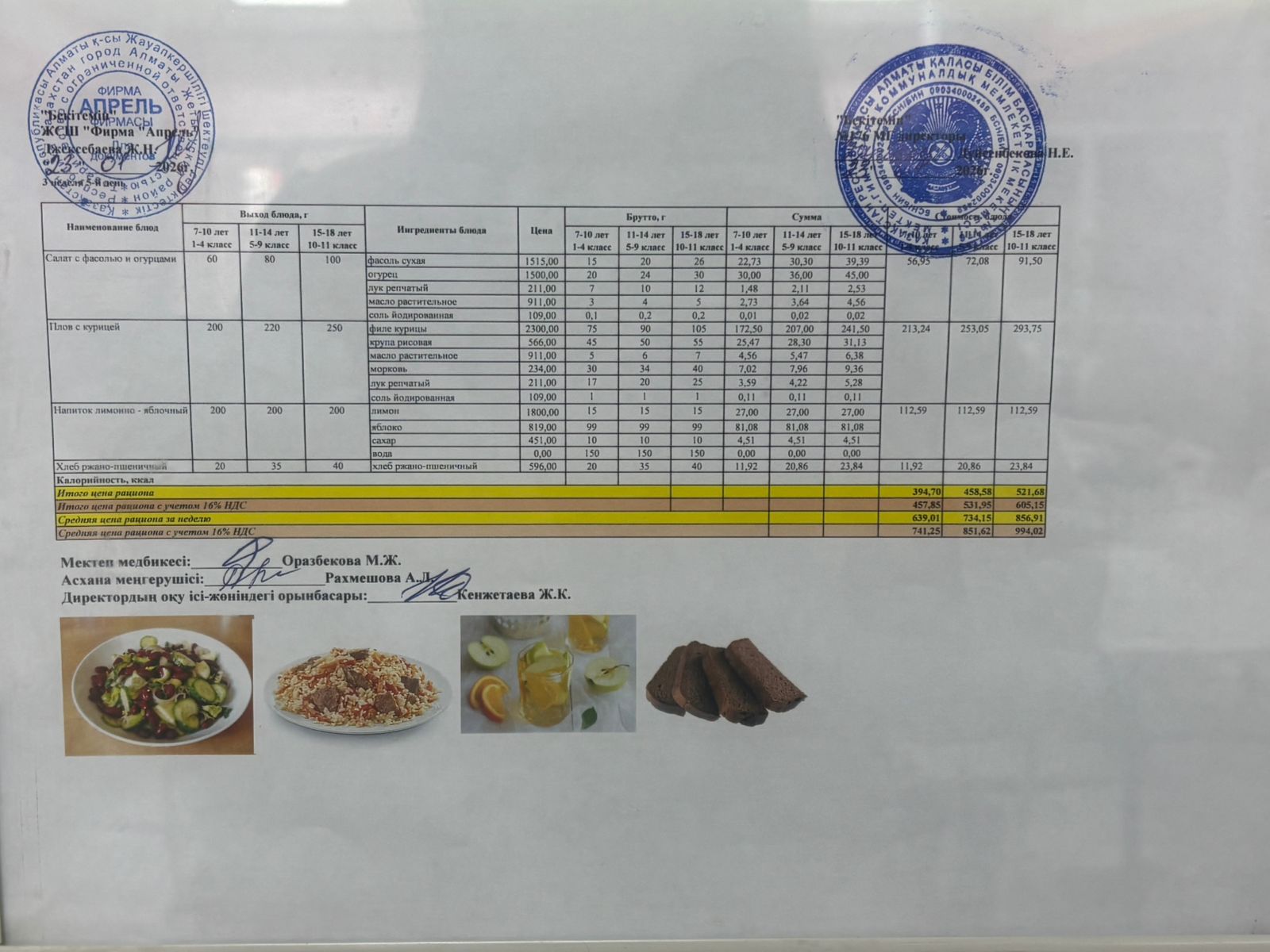 23.01.2026 ж Асхана мәзірі