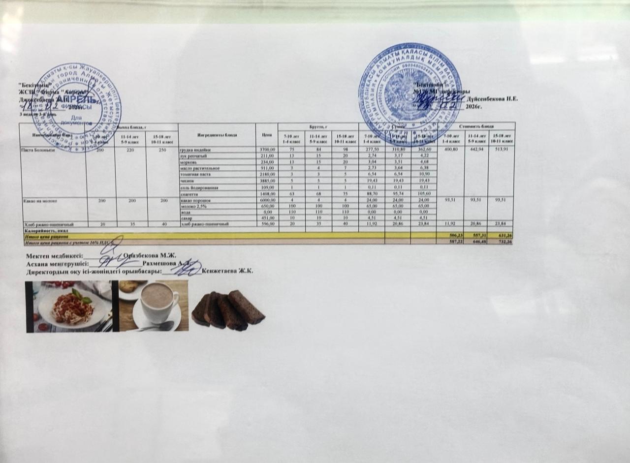 18.02.2026 жыл Асхана мәзірі