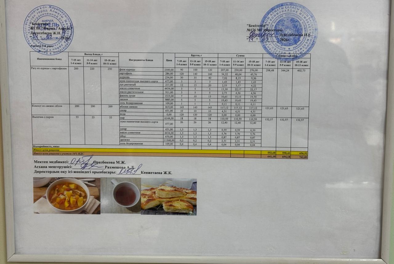 24.02.2026 жыл Асхана мәзірі