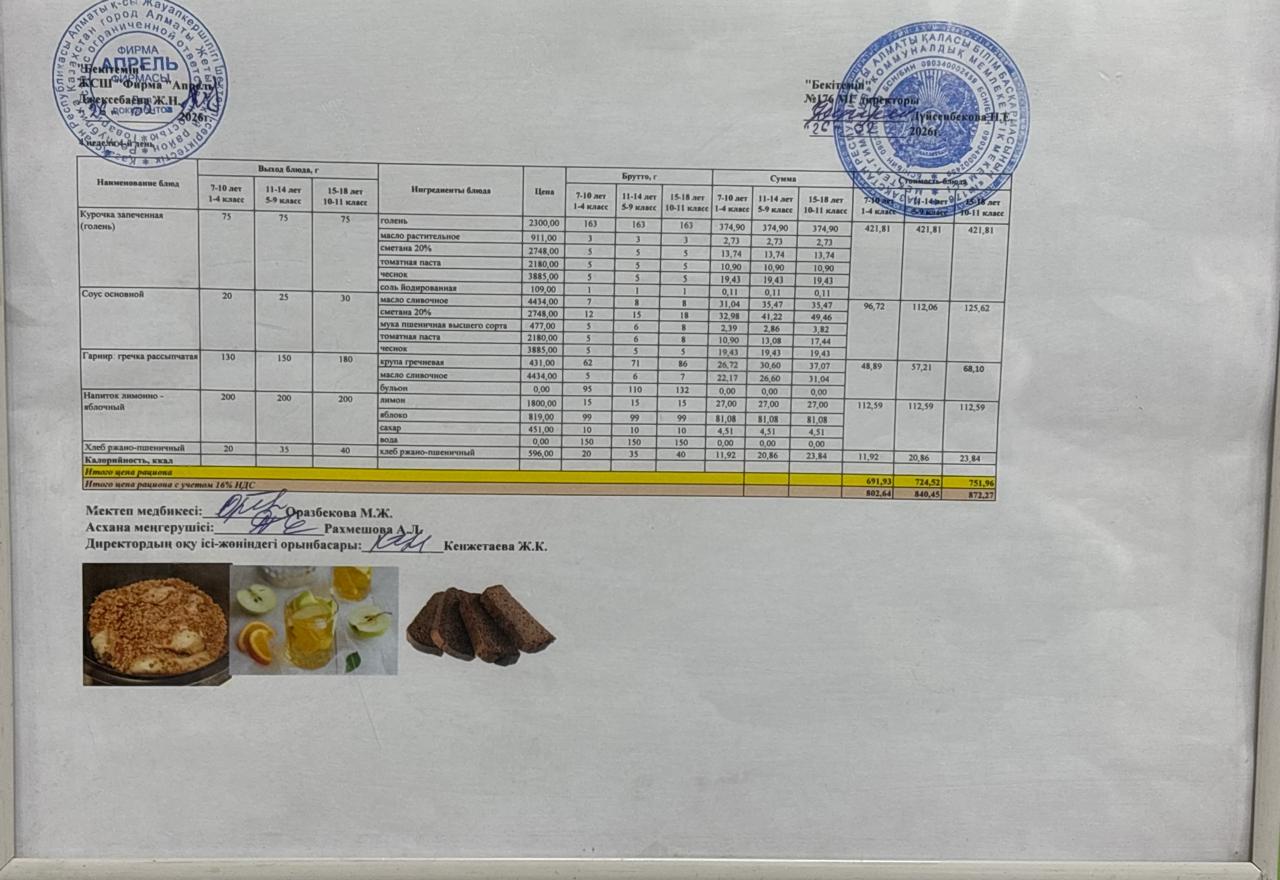 26.02.2026 жыл Асхана мәзірі