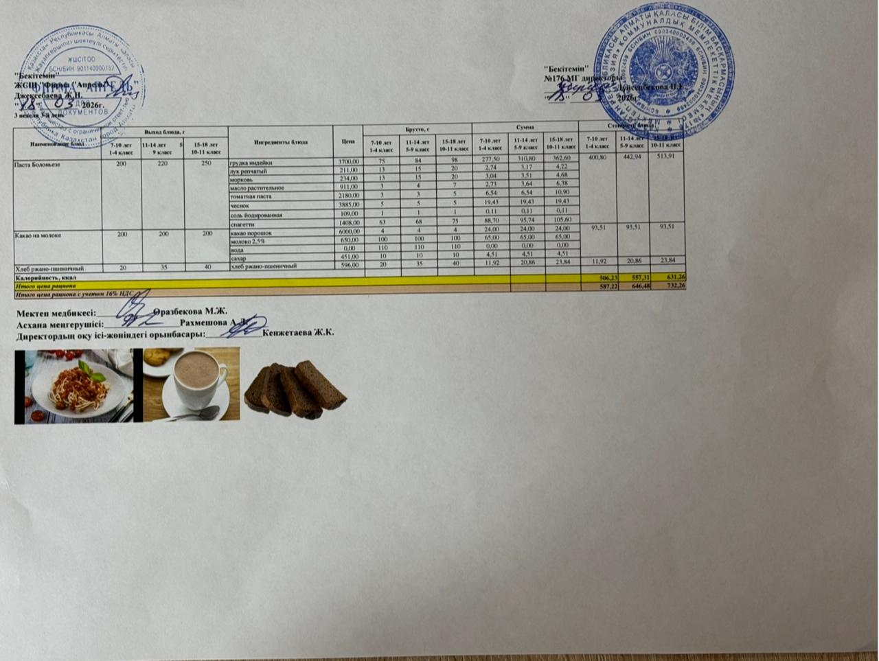18.03.2026 жыл Асхана мәзірі