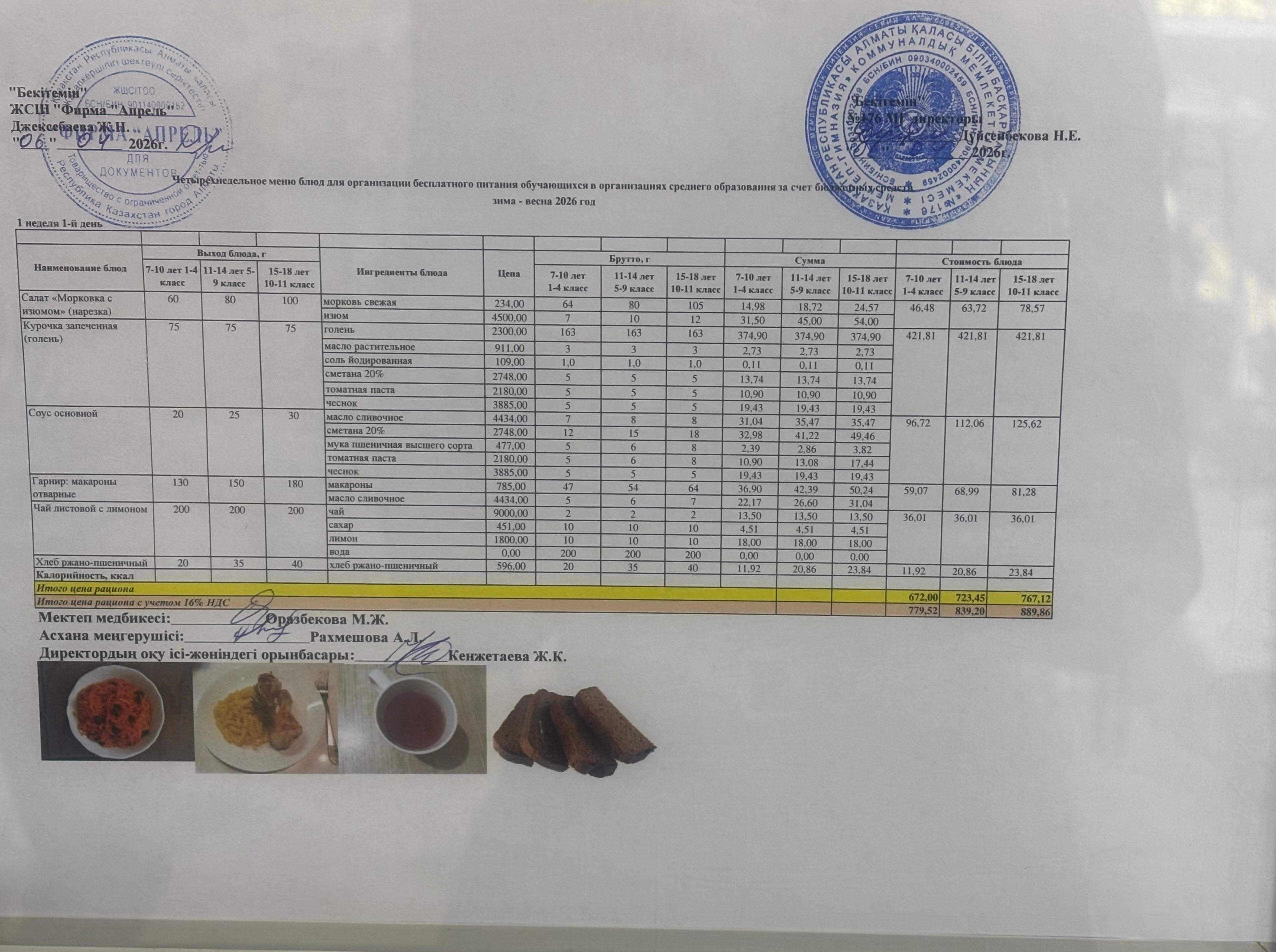 06.04.2026 жыл Асхана мәзірі