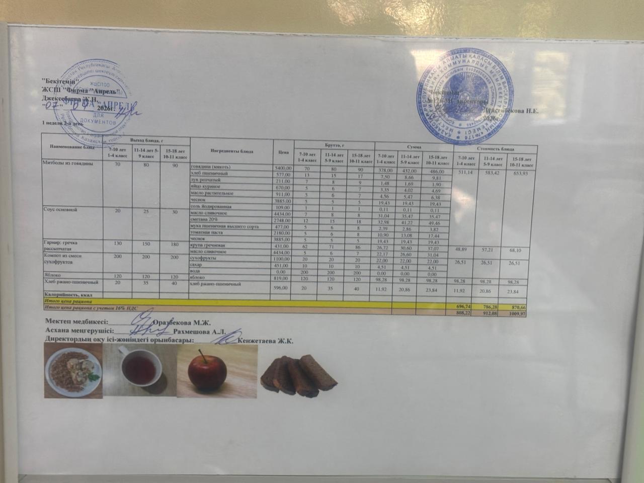 07.04.2026 жыл Асхана мәзірі