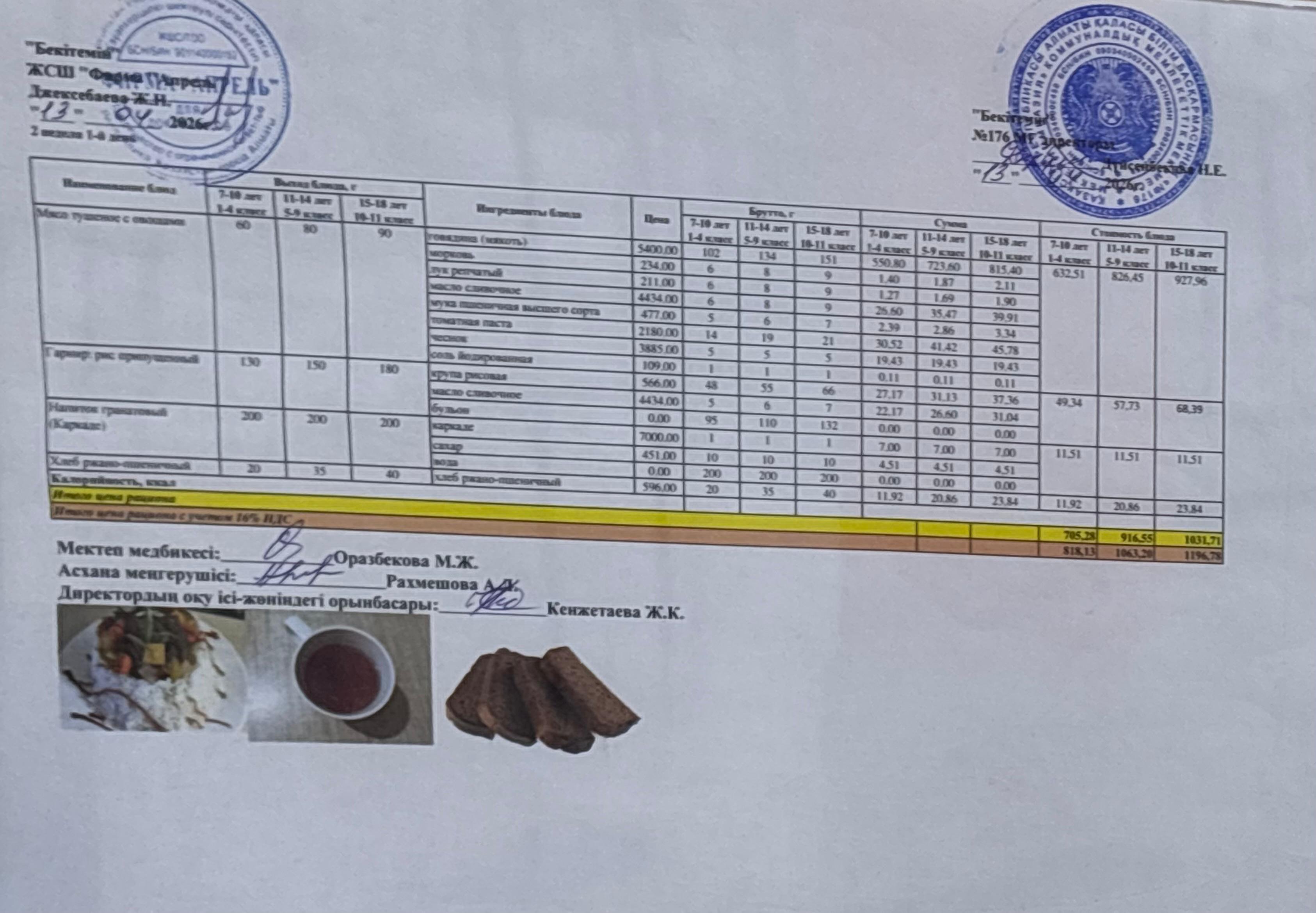 13.04.2026 жыл Асхана мәзірі