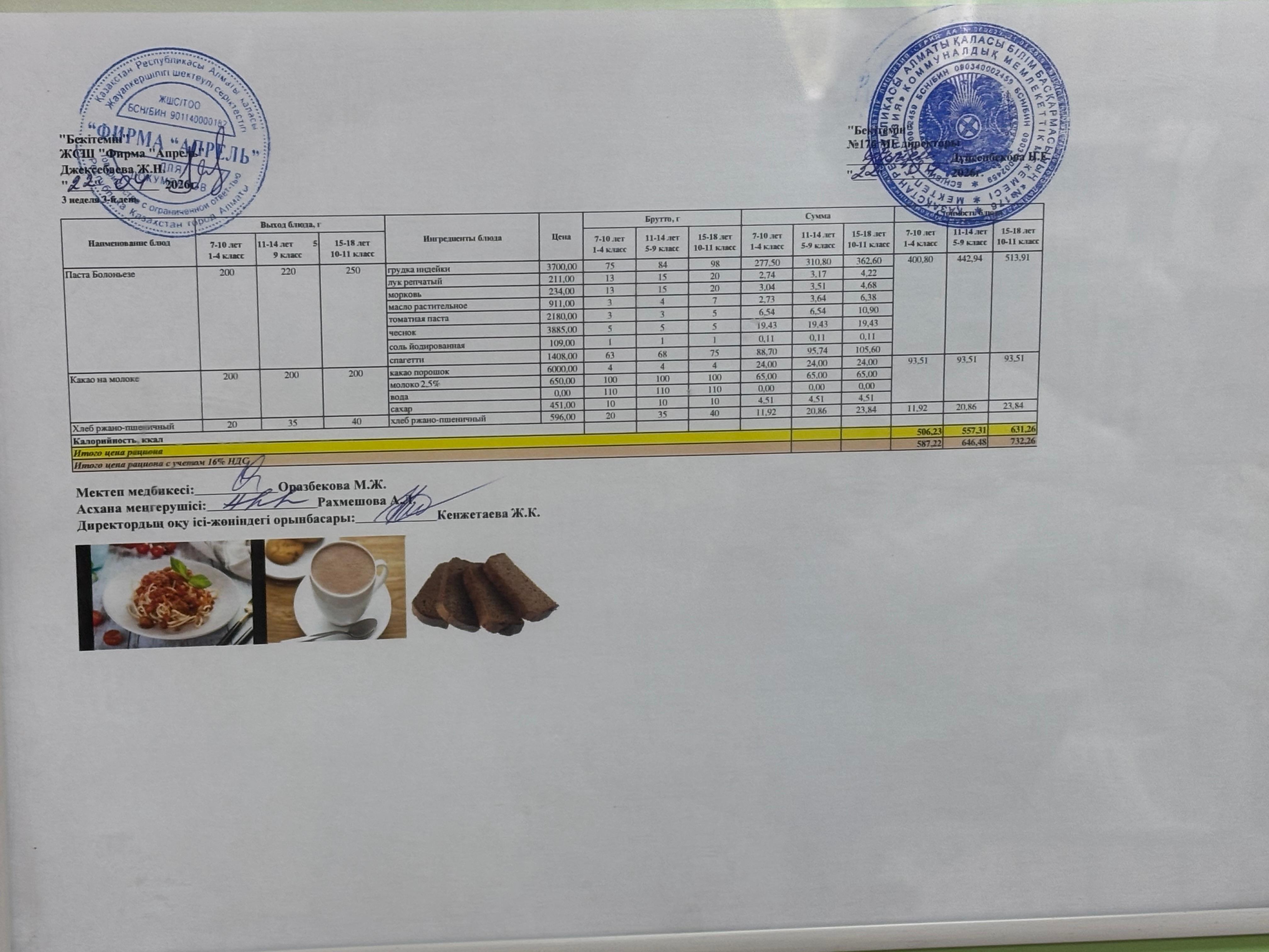 22.04.2026 жыл Асхана мәзірі