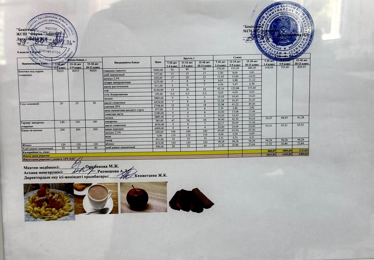29.04.2026 жыл Асхана мәзірі